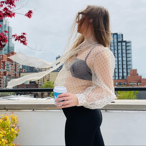 Transparent Polka Dot Puff Sleeve Shirt Bishop Statement Sleeves Neck Bow - Picture 6 of 16